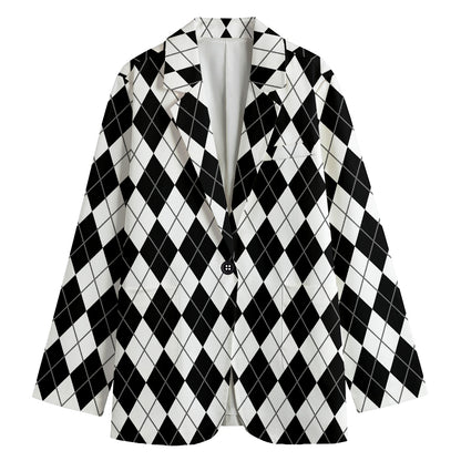 Black And White Argyle Pattern Print Women's Cotton Blazer