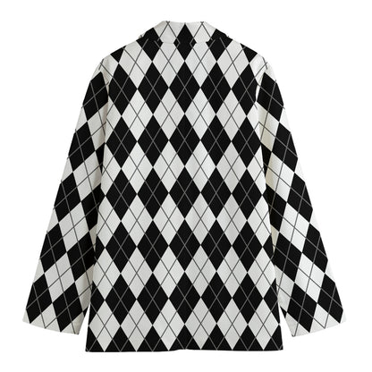 Black And White Argyle Pattern Print Women's Cotton Blazer