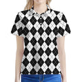 Black And White Argyle Pattern Print Women's Polo Shirt
