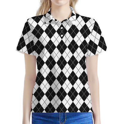 Black And White Argyle Pattern Print Women's Polo Shirt