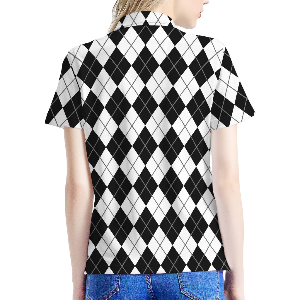 Black And White Argyle Pattern Print Women's Polo Shirt