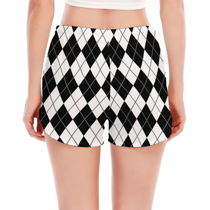Black And White Argyle Pattern Print Women's Split Running Shorts