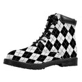 Black And White Argyle Pattern Print Padded Collar Lace Up Boots