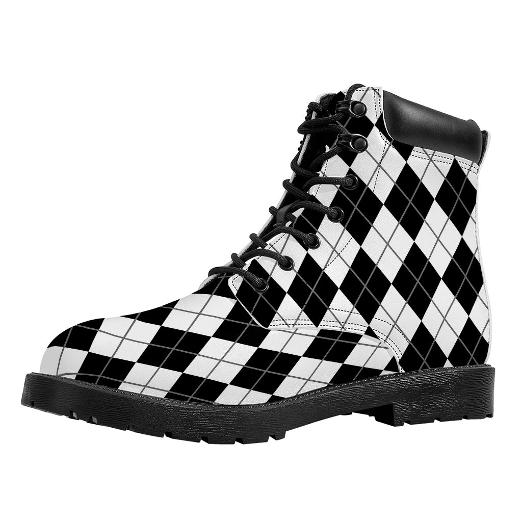 Black And White Argyle Pattern Print Work Boots