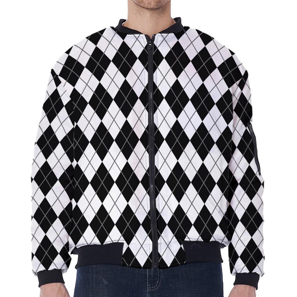 Black And White Argyle Pattern Print Zip Sleeve Bomber Jacket