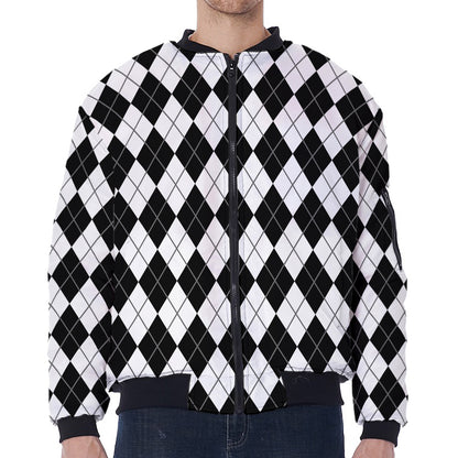 Black And White Argyle Pattern Print Zip Sleeve Bomber Jacket