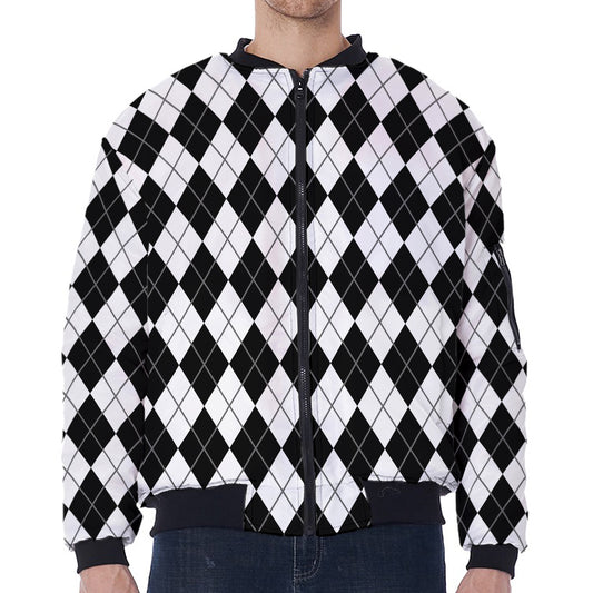 Black And White Argyle Pattern Print Zip Sleeve Bomber Jacket