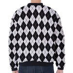 Black And White Argyle Pattern Print Zip Sleeve Bomber Jacket