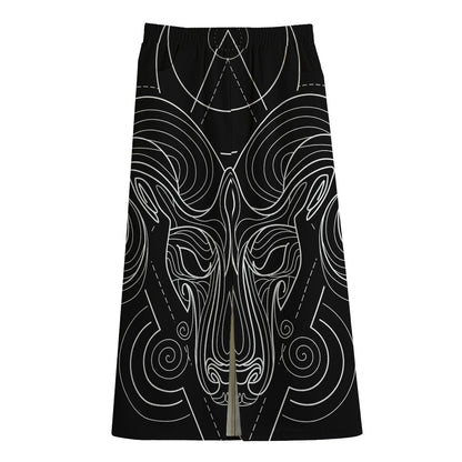 Black And White Aries Sign Print Cotton Front Slit Maxi Skirt