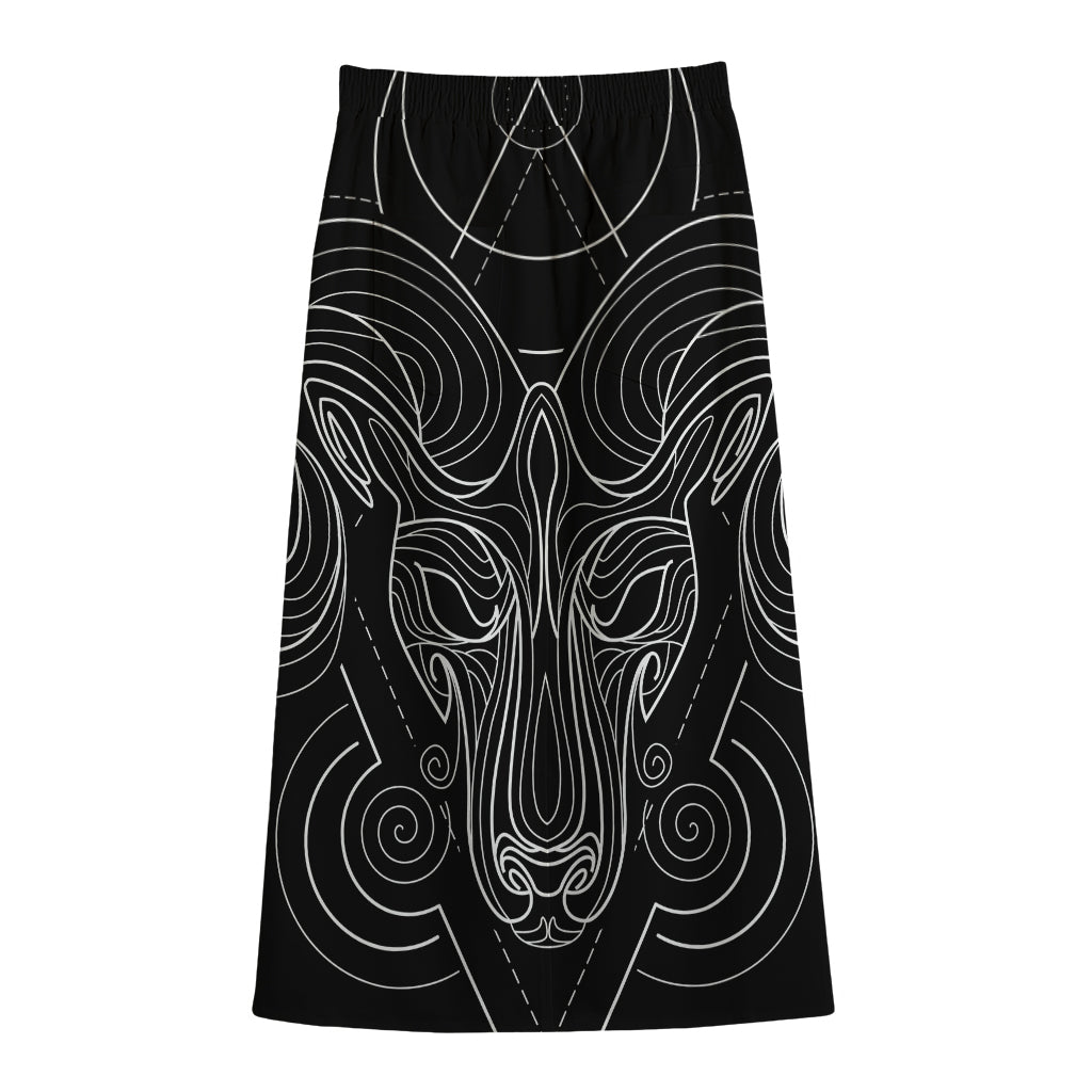 Black And White Aries Sign Print Cotton Front Slit Maxi Skirt
