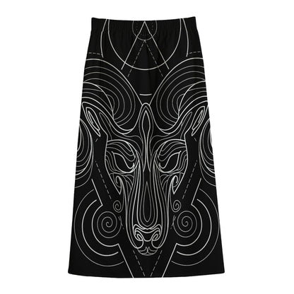 Black And White Aries Sign Print Cotton Front Slit Maxi Skirt