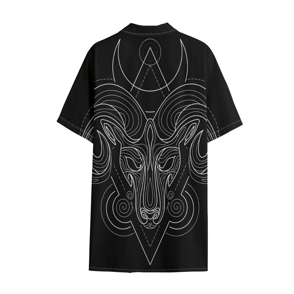 Black And White Aries Sign Print Cotton Hawaiian Shirt
