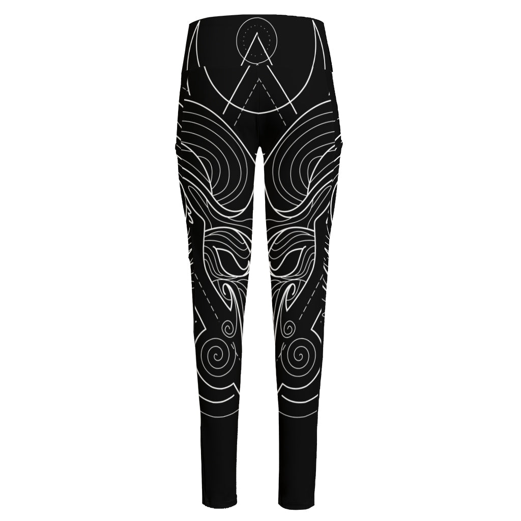 Black And White Aries Sign Print High-Waisted Pocket Leggings