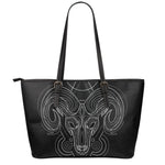 Black And White Aries Sign Print Leather Tote Bag