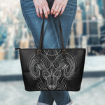 Black And White Aries Sign Print Leather Tote Bag