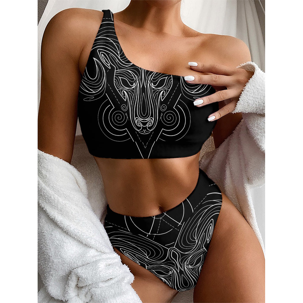 Black And White Aries Sign Print One Shoulder Bikini Top
