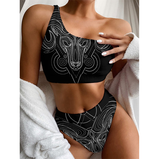 Black And White Aries Sign Print One Shoulder Bikini Top