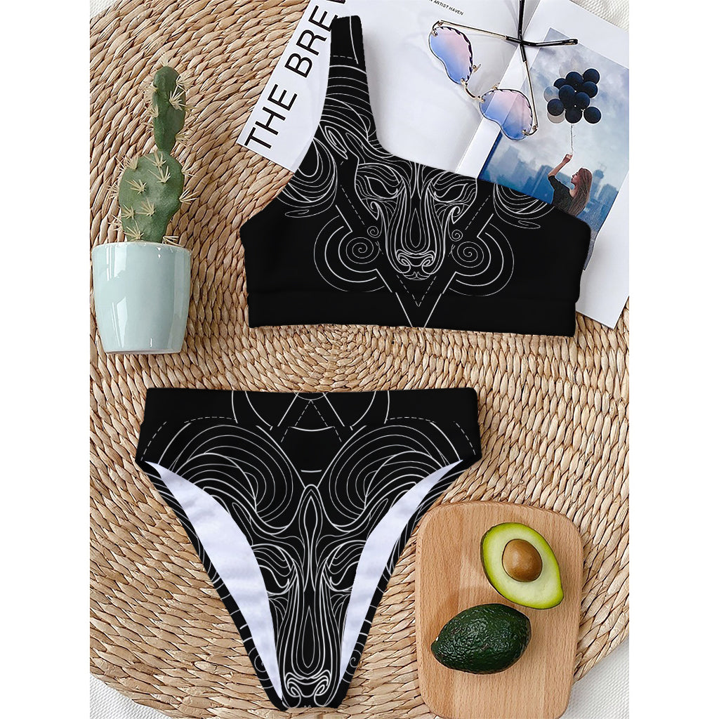 Black And White Aries Sign Print One Shoulder Bikini Top
