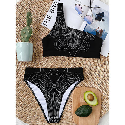 Black And White Aries Sign Print One Shoulder Bikini Top