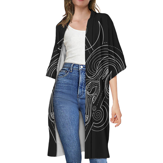 Black And White Aries Sign Print Open Front Beach Cover Up