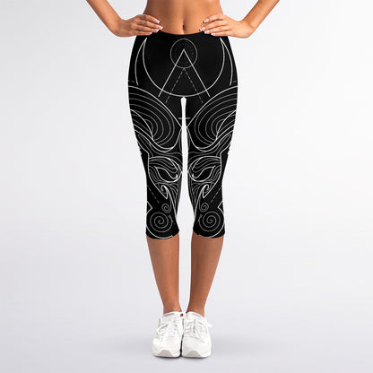 Black And White Aries Sign Print Women's Capri Leggings