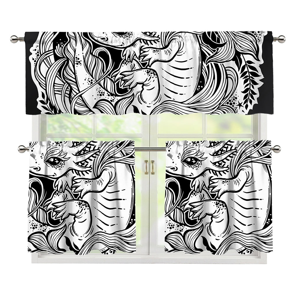 Black And White Axolotl Print 3 Piece Kitchen Curtains