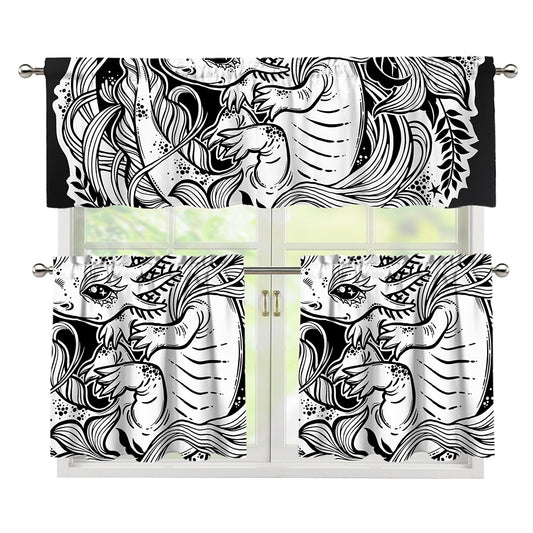 Black And White Axolotl Print 3 Piece Kitchen Curtains