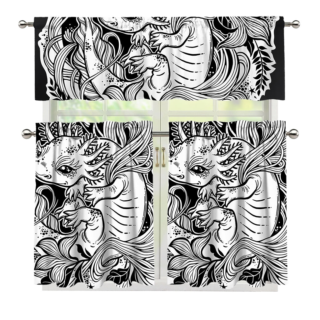 Black And White Axolotl Print 3 Piece Kitchen Curtains