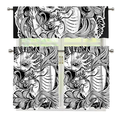 Black And White Axolotl Print 3 Piece Kitchen Curtains
