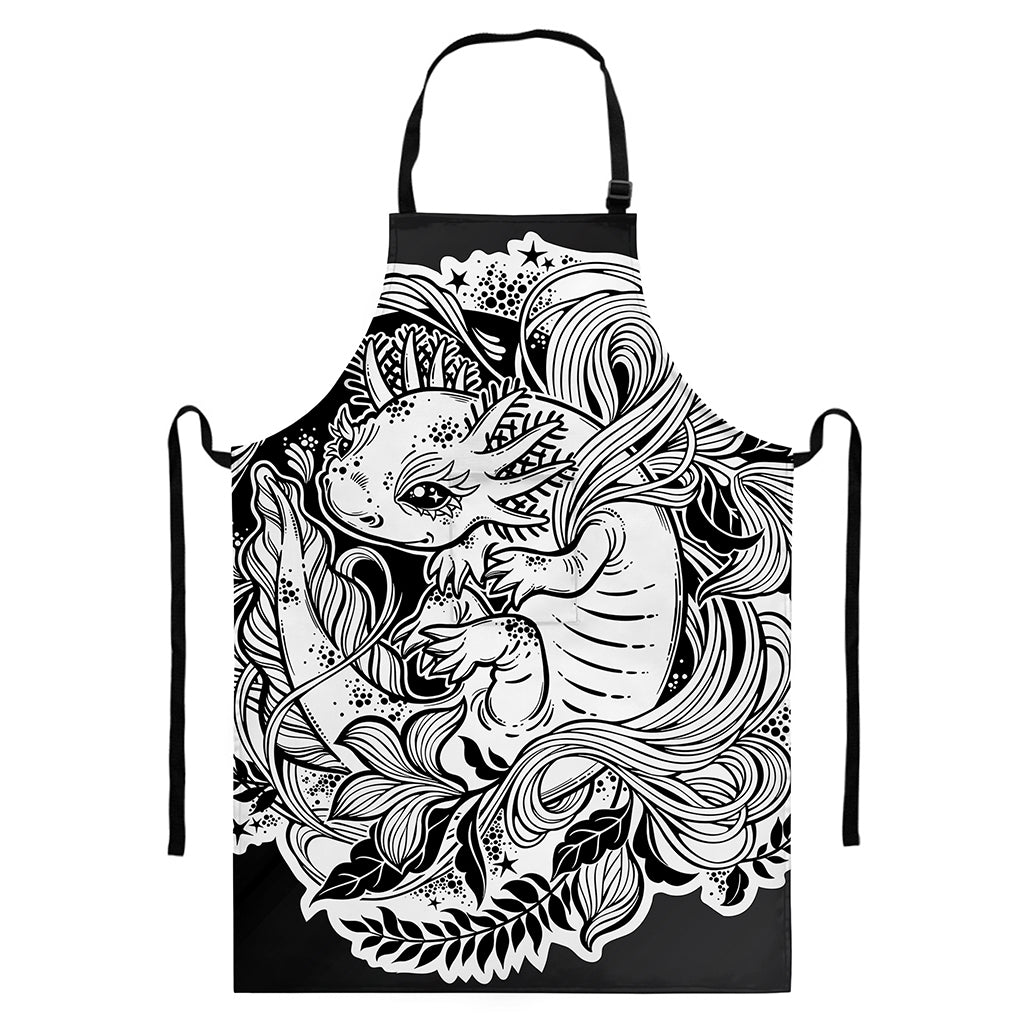 Black And White Axolotl Print Bib Apron With Pocket
