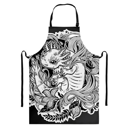 Black And White Axolotl Print Bib Apron With Pocket