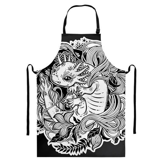Black And White Axolotl Print Bib Apron With Pocket