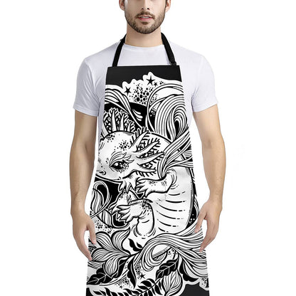 Black And White Axolotl Print Bib Apron With Pocket