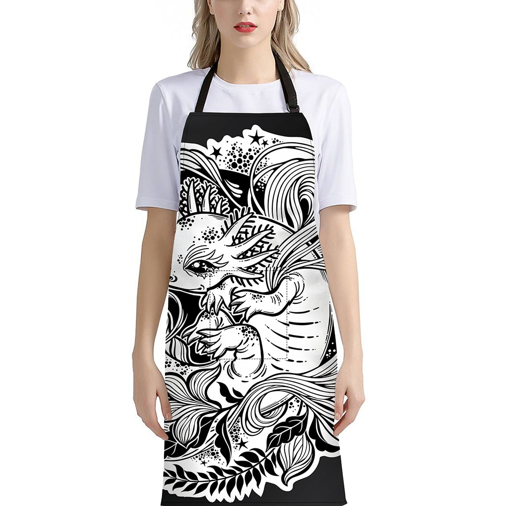 Black And White Axolotl Print Bib Apron With Pocket