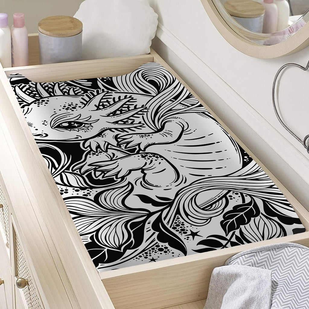 Black And White Axolotl Print Changing Pad Cover