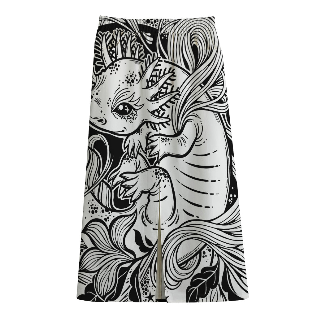 Black And White Axolotl Print Cotton Front Slit Maxi Skirt