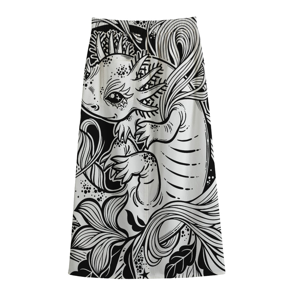 Black And White Axolotl Print Cotton Front Slit Maxi Skirt