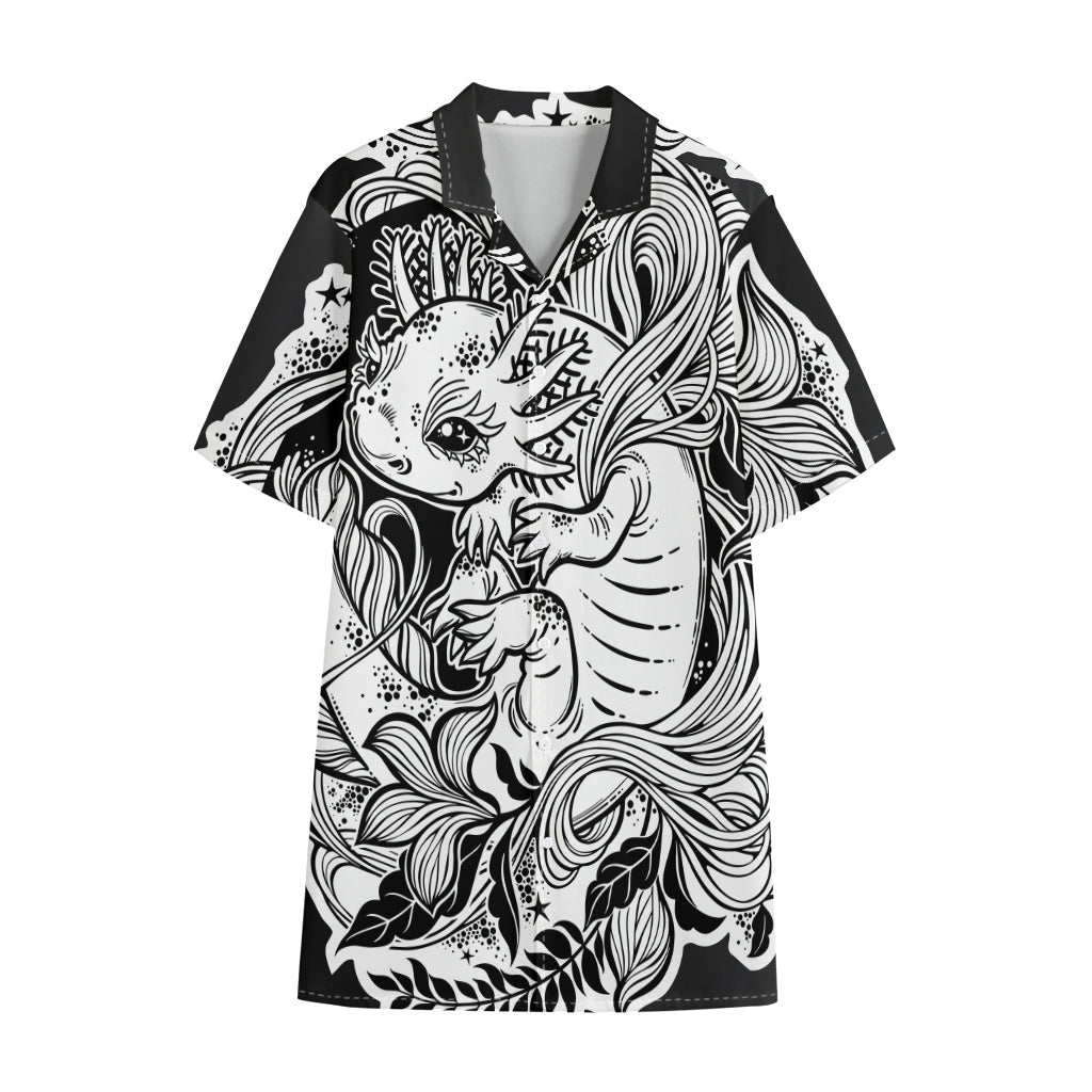 Black And White Axolotl Print Cotton Hawaiian Shirt