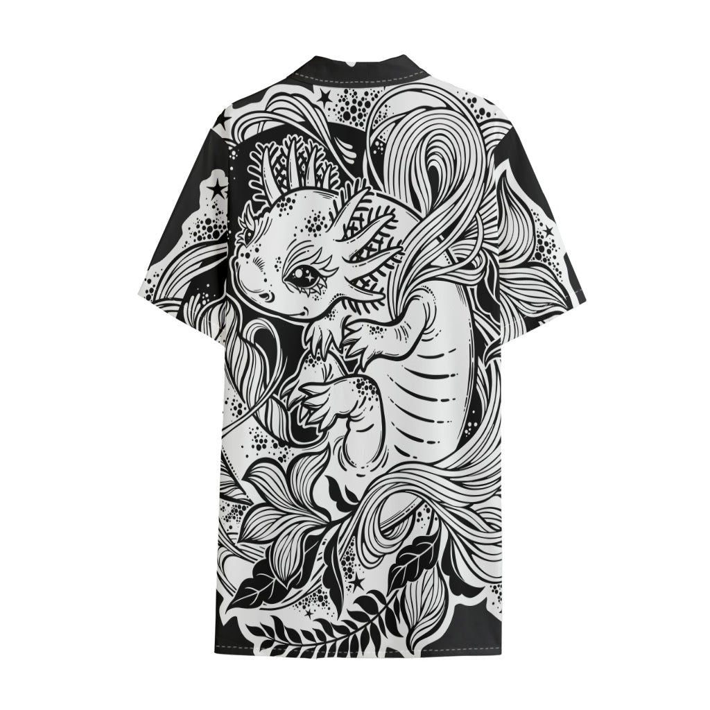 Black And White Axolotl Print Cotton Hawaiian Shirt