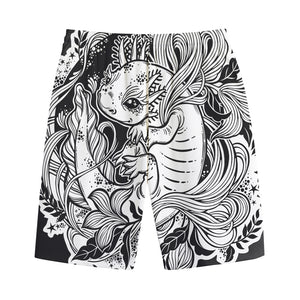 Black And White Axolotl Print Cotton Shorts