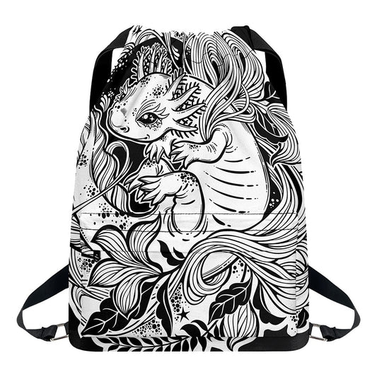 Black And White Axolotl Print Drawstring Backpack