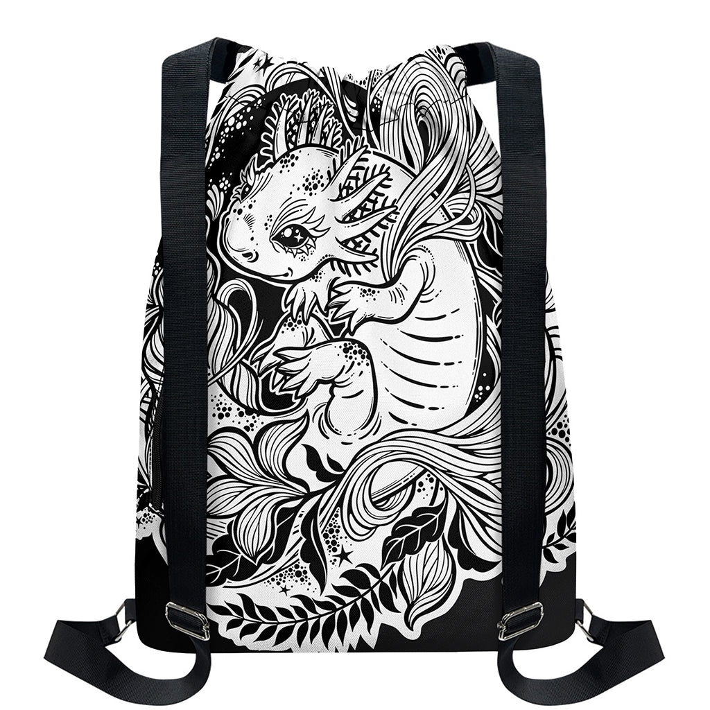 Black And White Axolotl Print Drawstring Backpack