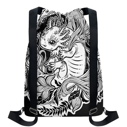 Black And White Axolotl Print Drawstring Backpack