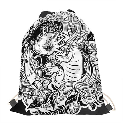 Black And White Axolotl Print Drawstring Bag