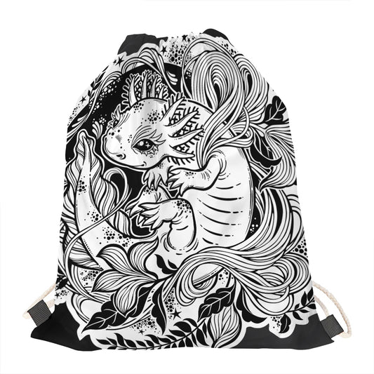 Black And White Axolotl Print Drawstring Bag