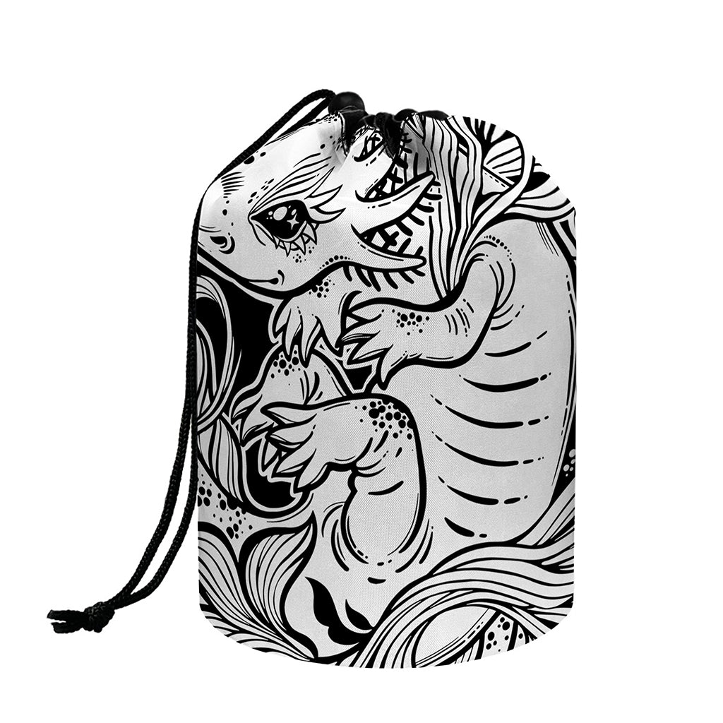 Black And White Axolotl Print Drawstring Makeup Bag