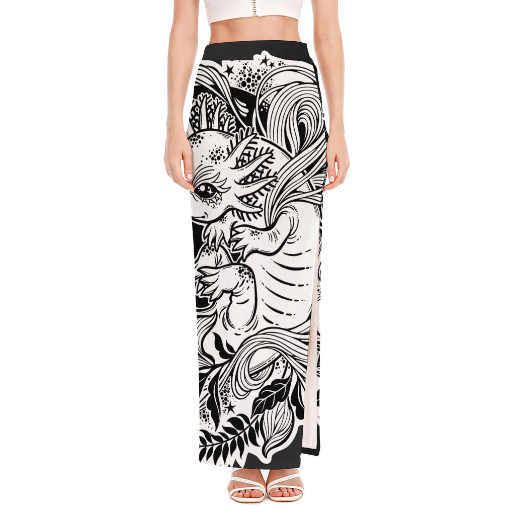 Black And White Axolotl Print High Slit Maxi Skirt