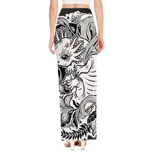 Black And White Axolotl Print High Slit Maxi Skirt