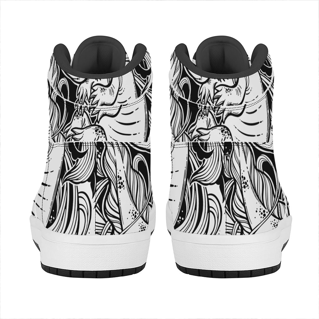 Black And White Axolotl Print High Top Leather Sneakers