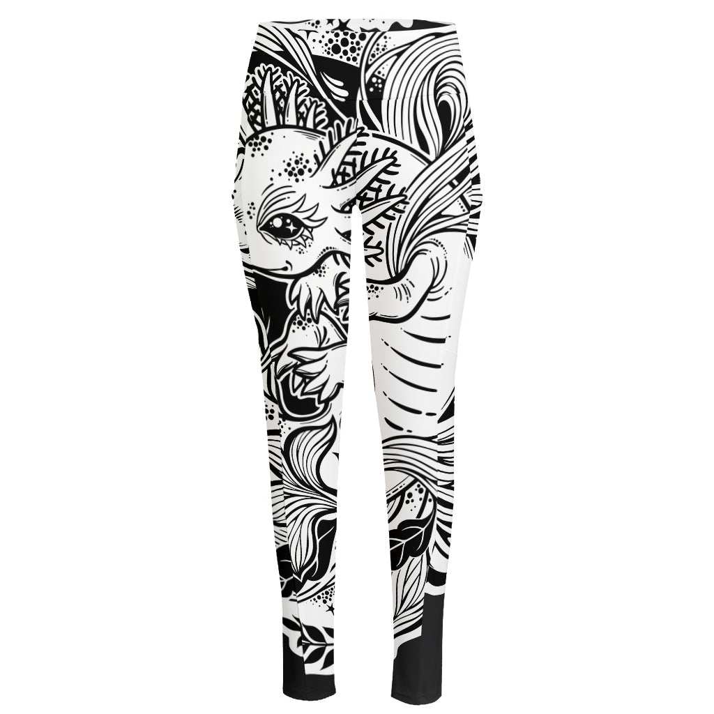 Black And White Axolotl Print High-Waisted Pocket Leggings